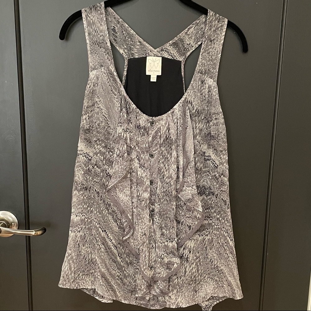 Ella Moss sleeveless top, 100% silk shell, ruffle detail in front